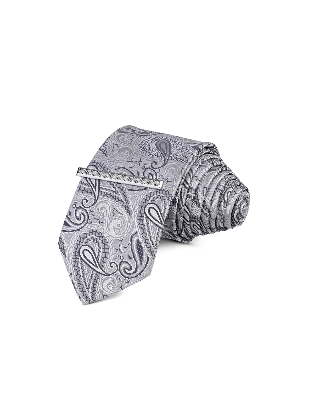 Charcoal Grey Luxury Polyster Micro Fabric Necktie Set Pocket Square Chrome Tiepin