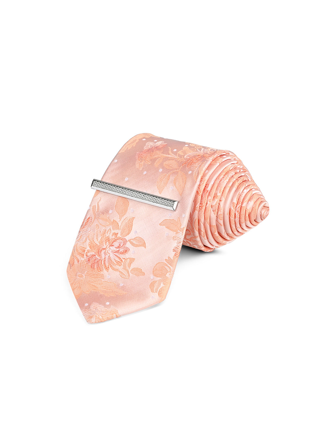 Floral Orange Luxury Polyster Micro Fabric Necktie Set Pocket Square Chrome Tiepin