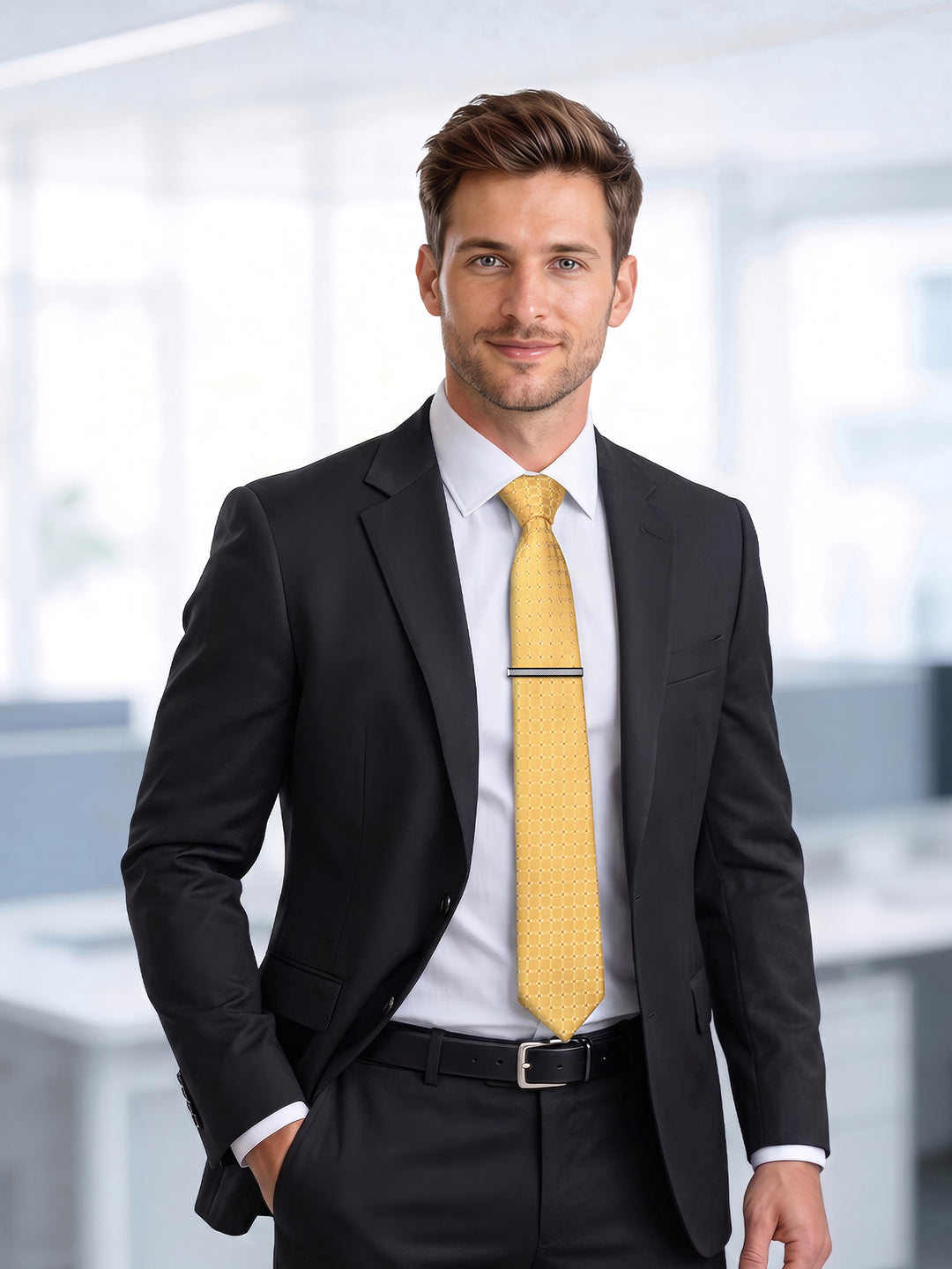 Mustard Yellow Luxury Polyster Micro Fabric Necktie Set Pocket Square Chrome Tiepin