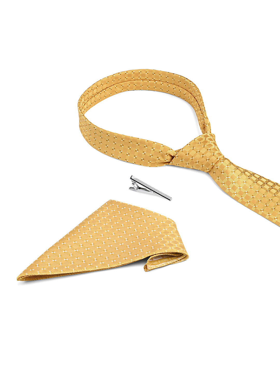 Mustard Yellow Luxury Polyster Micro Fabric Necktie Set Pocket Square Chrome Tiepin