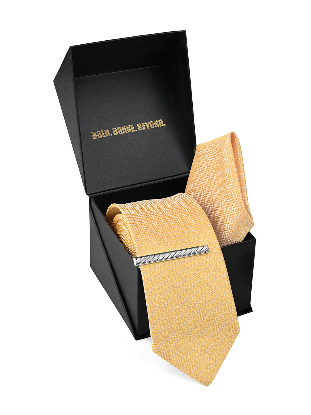 Geometric Yellow Luxury Polyster Micro Fabric Necktie Set Pocket Square Chrome Tiepin