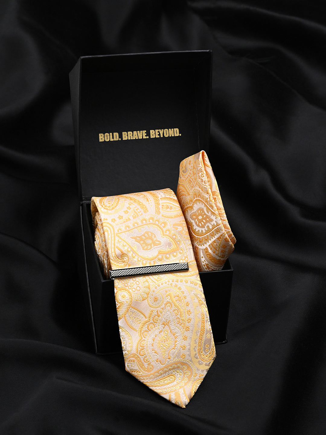 Paisley Yellow Luxury Polyster Micro Fabric Necktie Set Pocket Square Chrome Tiepin