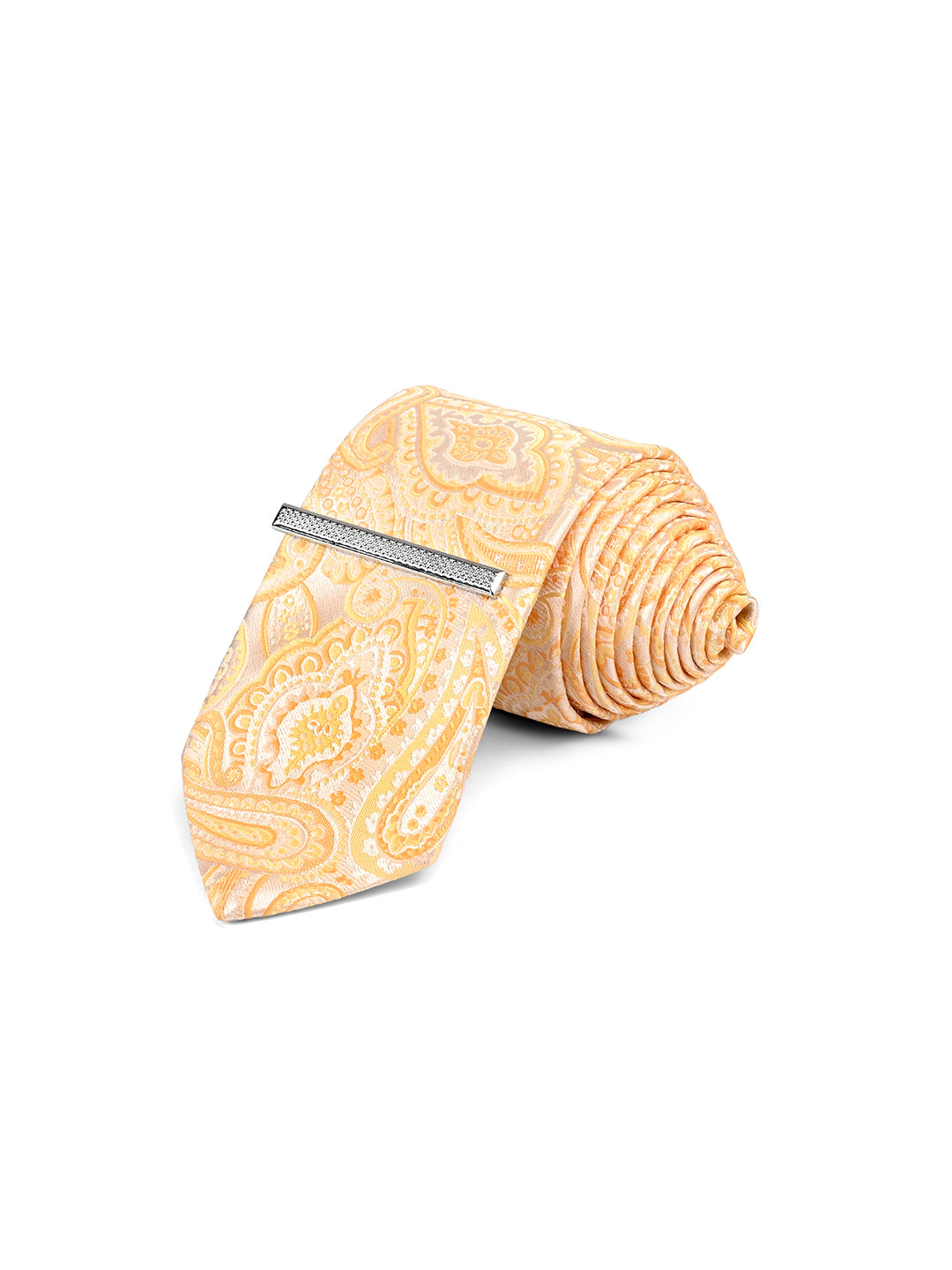 Paisley Yellow Luxury Polyster Micro Fabric Necktie Set Pocket Square Chrome Tiepin