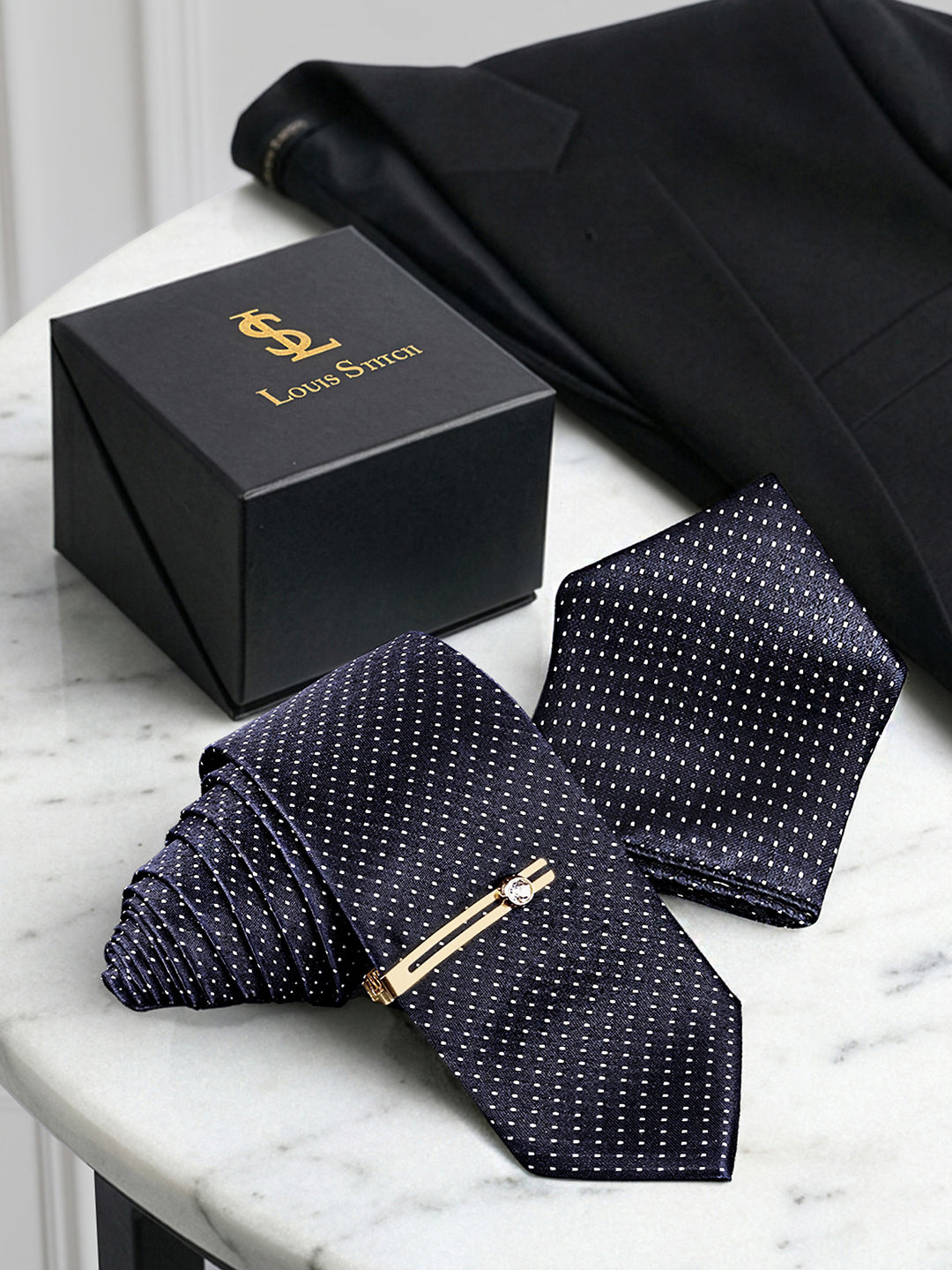 Blue Luxury Polyster Micro Fabric Necktie Set Pocket Square Golden Tiepin