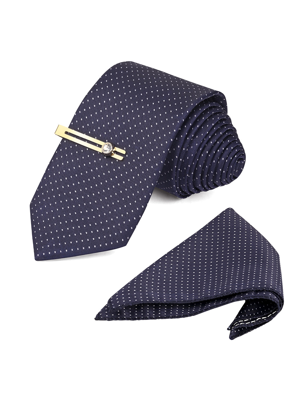 Blue Luxury Polyster Micro Fabric Necktie Set Pocket Square Golden Tiepin