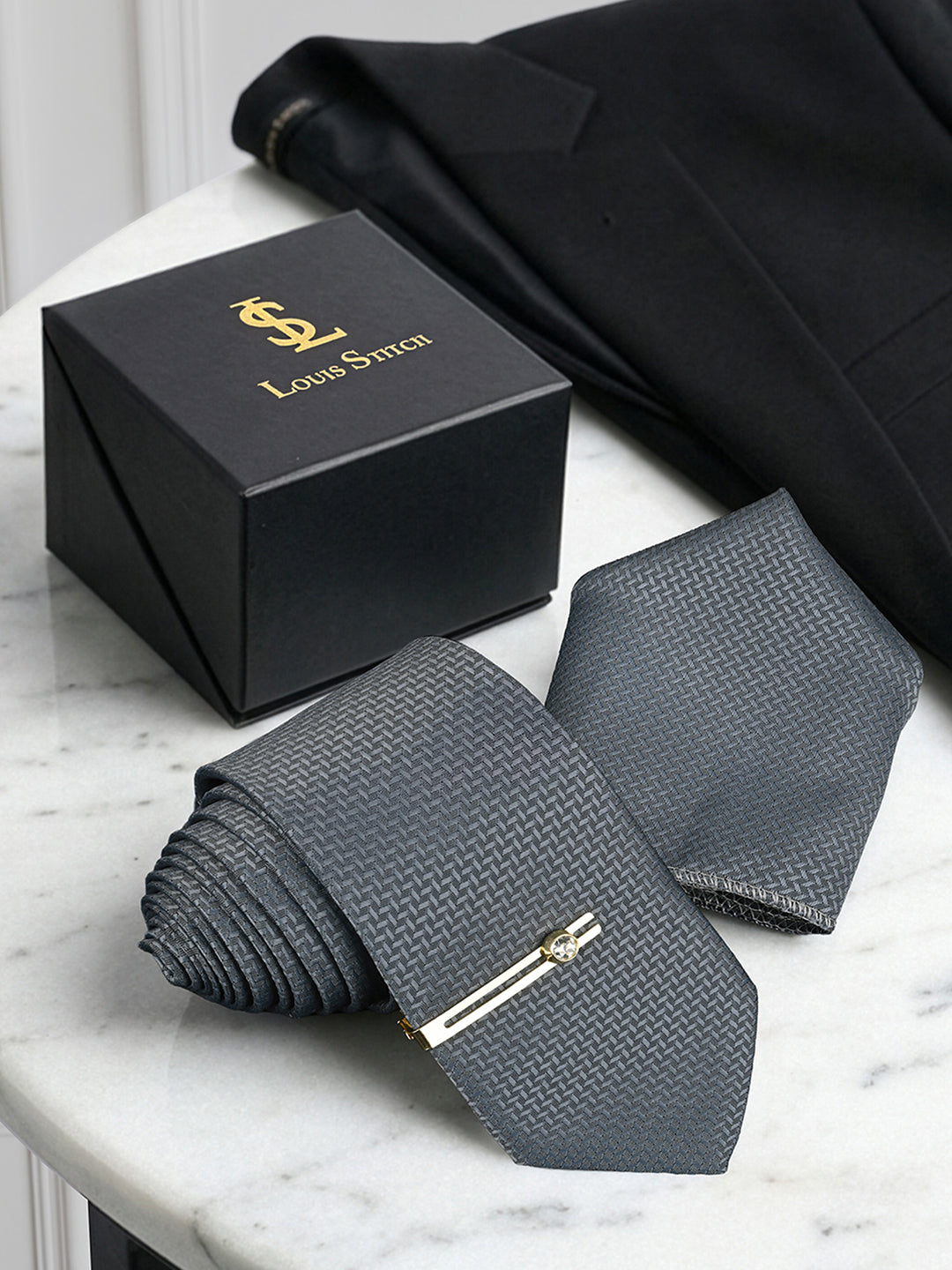 Grey Luxury Polyster Micro Fabric Necktie Set Pocket Square Golden Tiepin