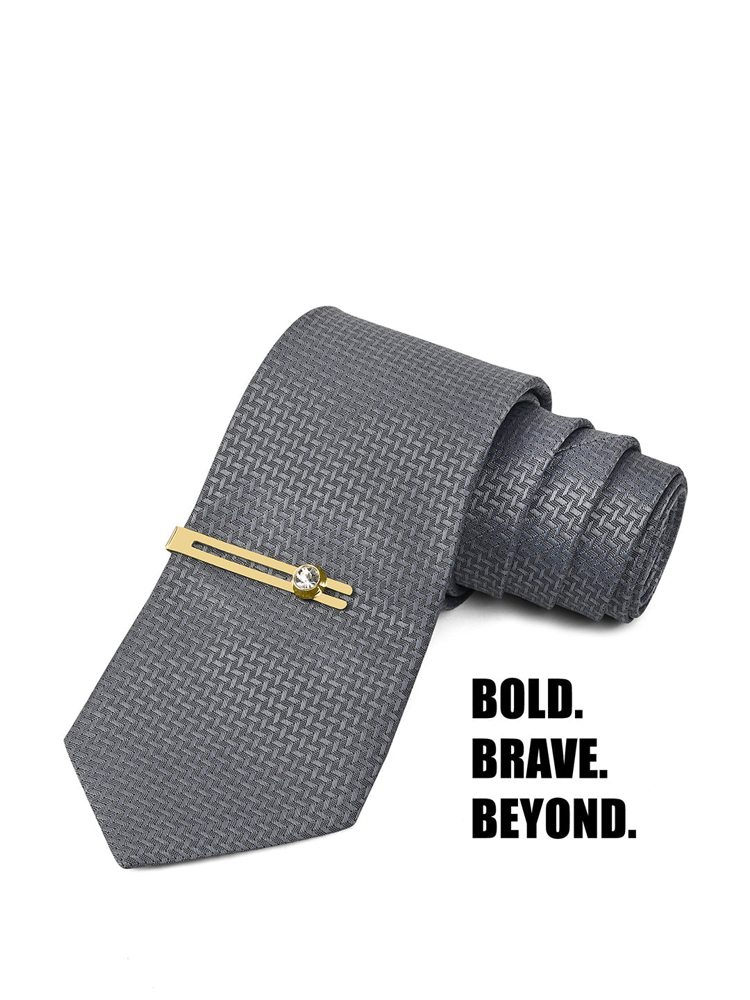 Grey Luxury Polyster Micro Fabric Necktie Set Pocket Square Golden Tiepin