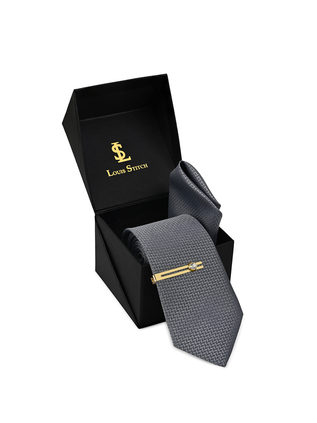 Grey Luxury Polyster Micro Fabric Necktie Set Pocket Square Golden Tiepin