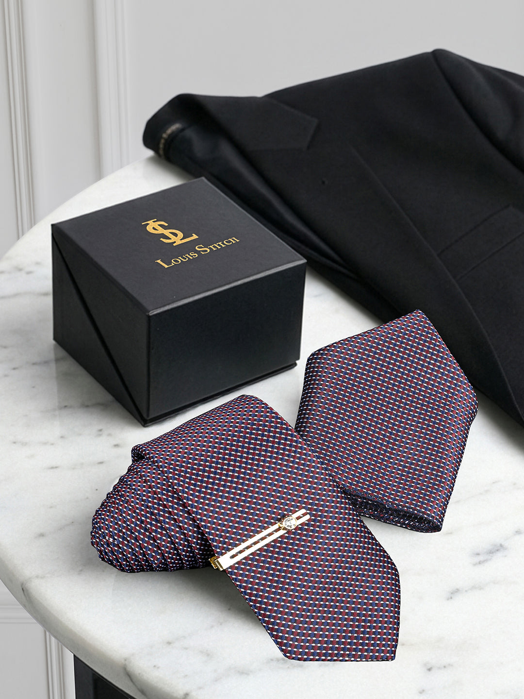 Rosewood Luxury Polyster Micro Fabric Necktie Set Pocket Square Golden Tiepin