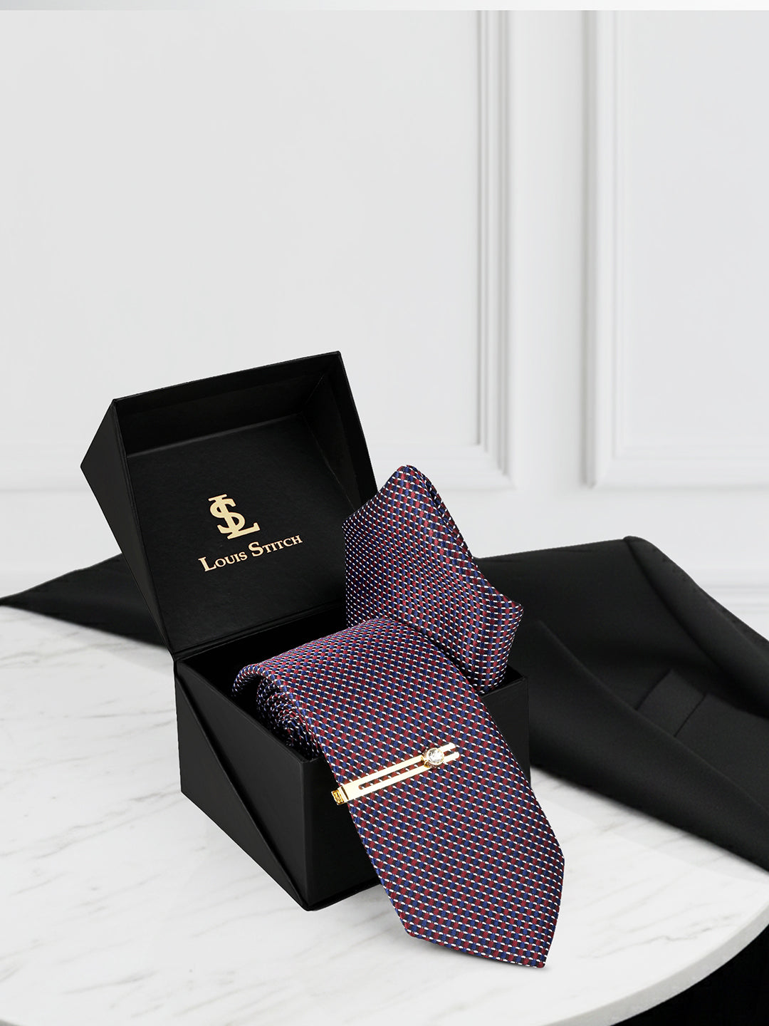 Rosewood Luxury Polyster Micro Fabric Necktie Set Pocket Square Golden Tiepin