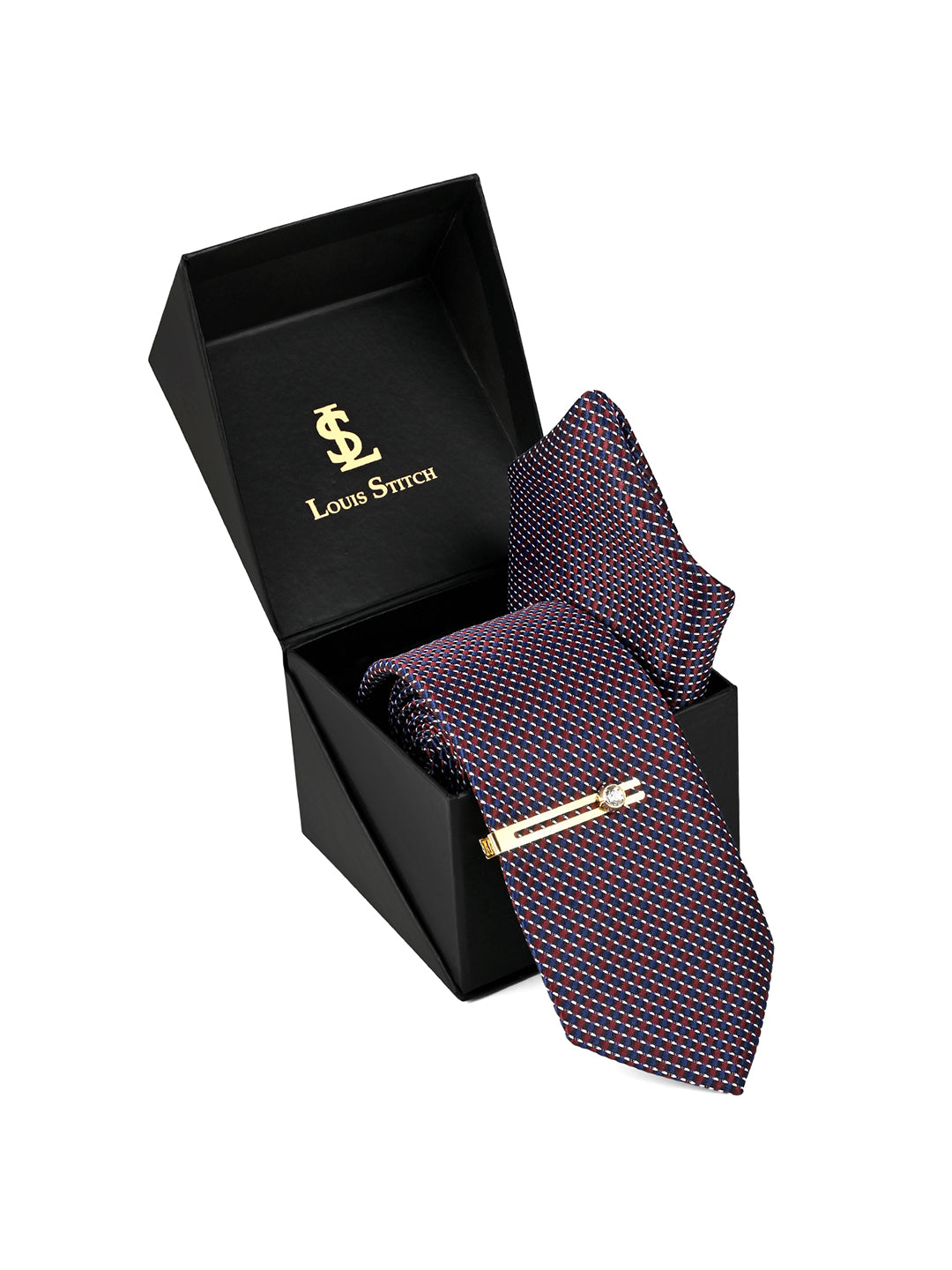 Rosewood Luxury Polyster Micro Fabric Necktie Set Pocket Square Golden Tiepin