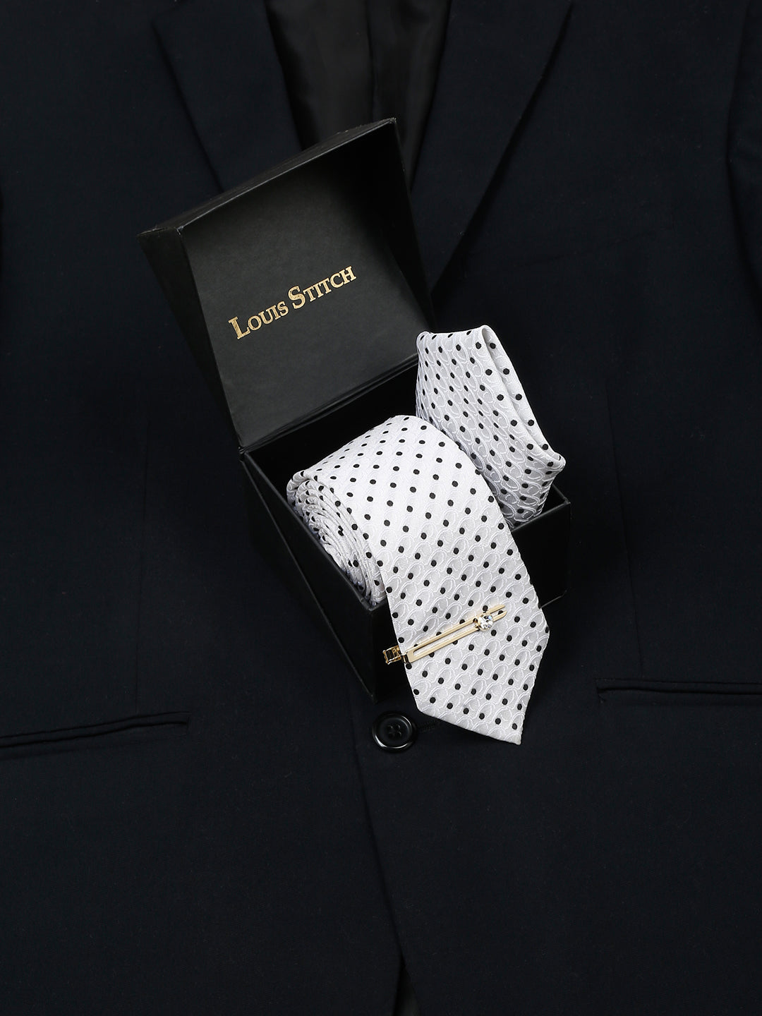 White Italian Silk Necktie Set Pocket Square Golden Tiepin