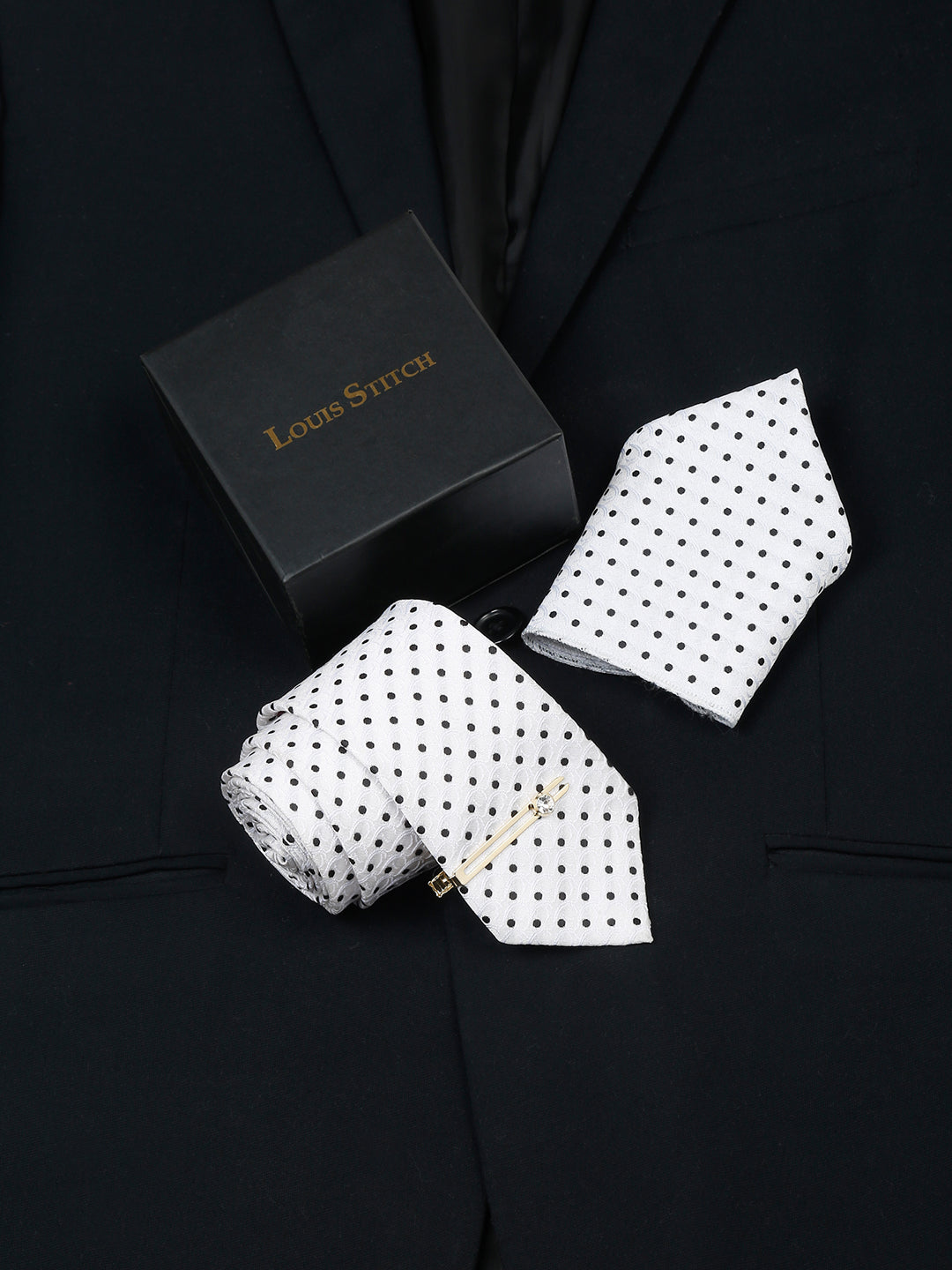 White Italian Silk Necktie Set Pocket Square Golden Tiepin
