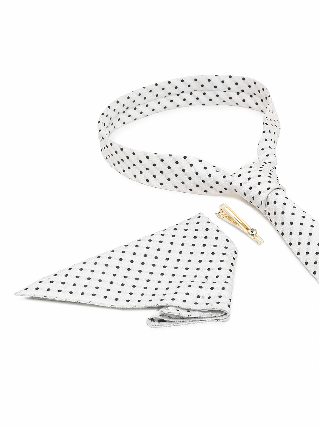 White Italian Silk Necktie Set Pocket Square Golden Tiepin