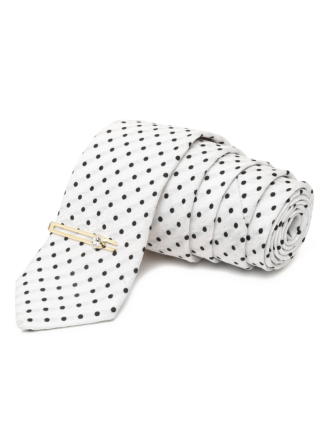 White Italian Silk Necktie Set Pocket Square Golden Tiepin