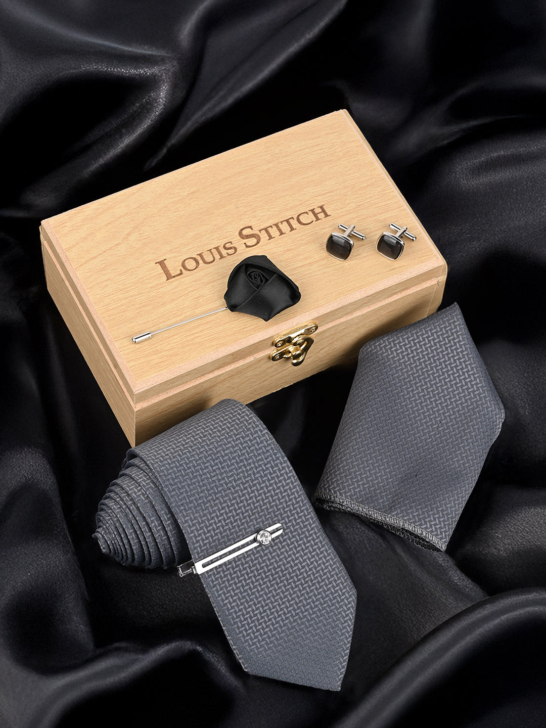 Grey Luxury Polyster Micro Fabric Necktie Set Pocket Square Chrome Tiepin Cufflinks and Brooch
