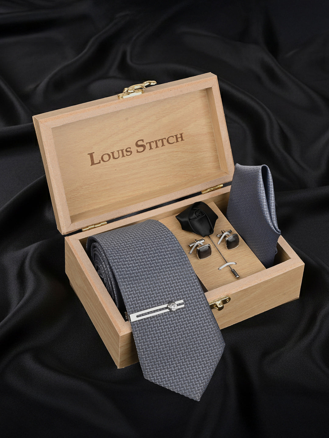 Grey Luxury Polyster Micro Fabric Necktie Set Pocket Square Chrome Tiepin Cufflinks and Brooch