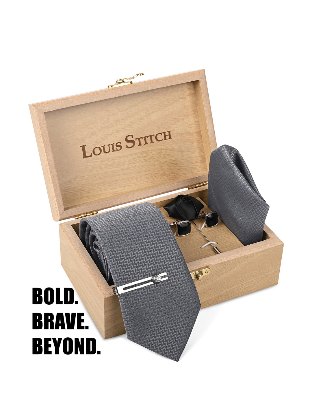 Grey Luxury Polyster Micro Fabric Necktie Set Pocket Square Chrome Tiepin Cufflinks and Brooch