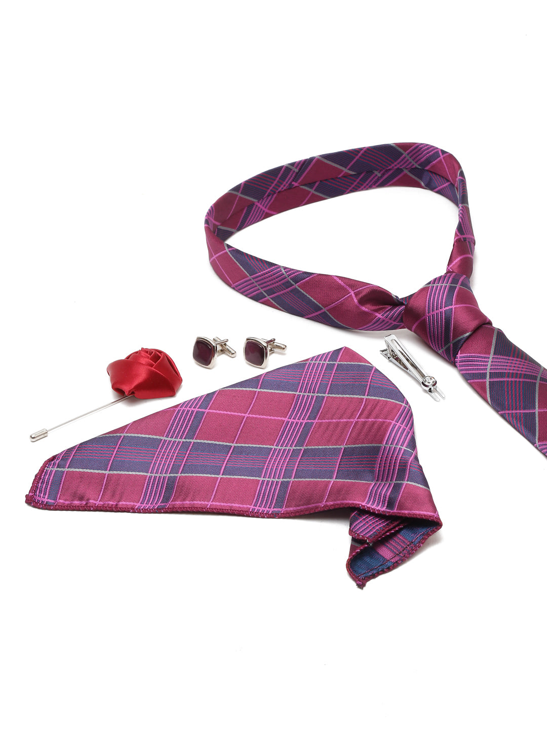 Checkered Pink Italian Silk Necktie Set Pocket Square Chrome Tiepin cufflinks and Brooch