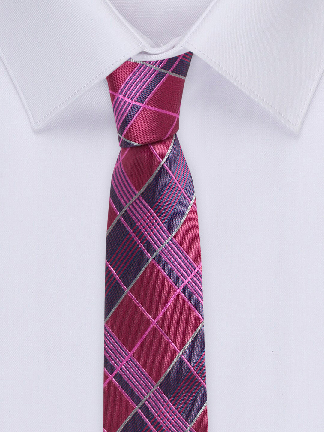 Checkered Pink Italian Silk Necktie Set Pocket Square Chrome Tiepin cufflinks and Brooch
