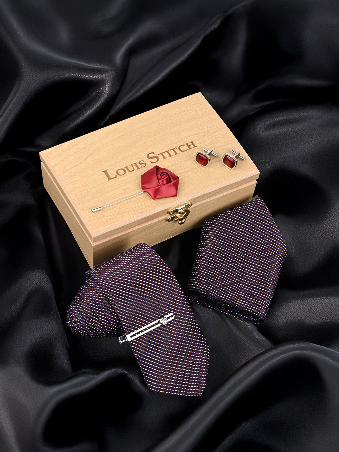 Rosewood Luxury Polyster Micro Fabric Necktie Set Pocket Square Chrome Tiepin Cufflinks and Brooch