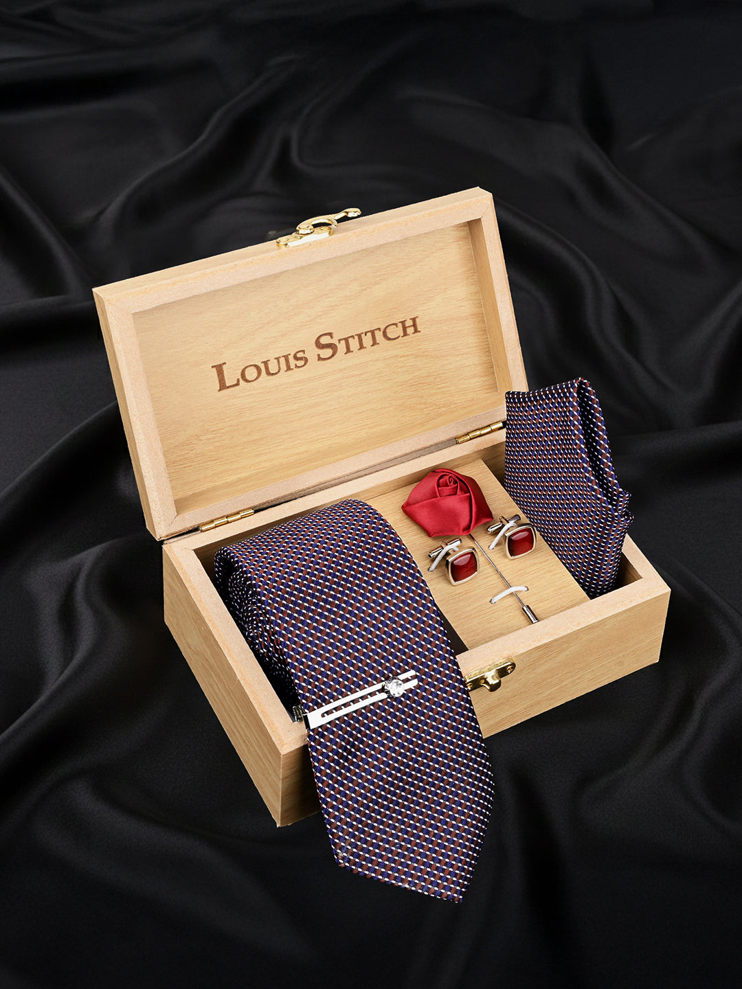 Rosewood Luxury Polyster Micro Fabric Necktie Set Pocket Square Chrome Tiepin Cufflinks and Brooch