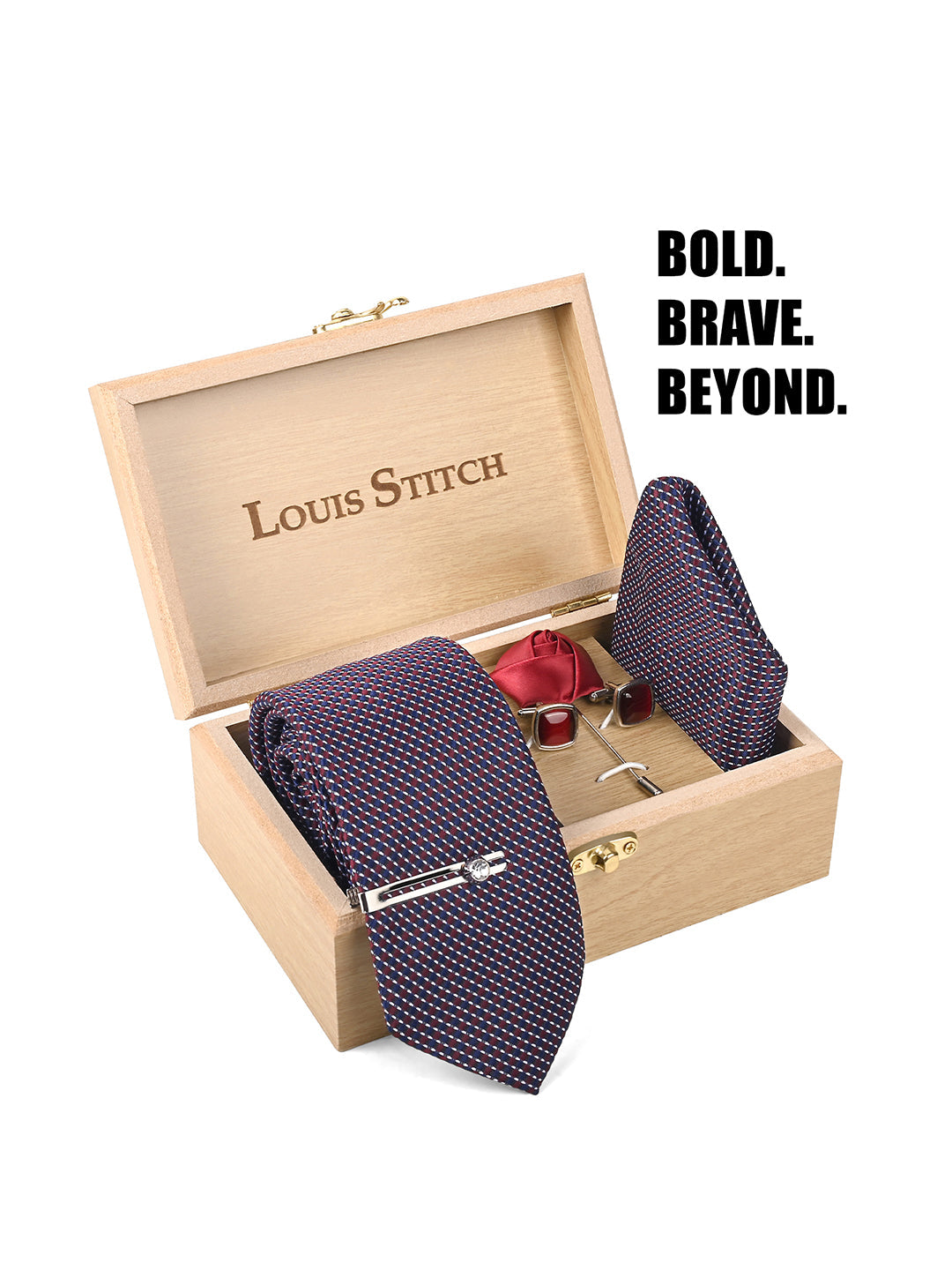 Rosewood Luxury Polyster Micro Fabric Necktie Set Pocket Square Chrome Tiepin Cufflinks and Brooch