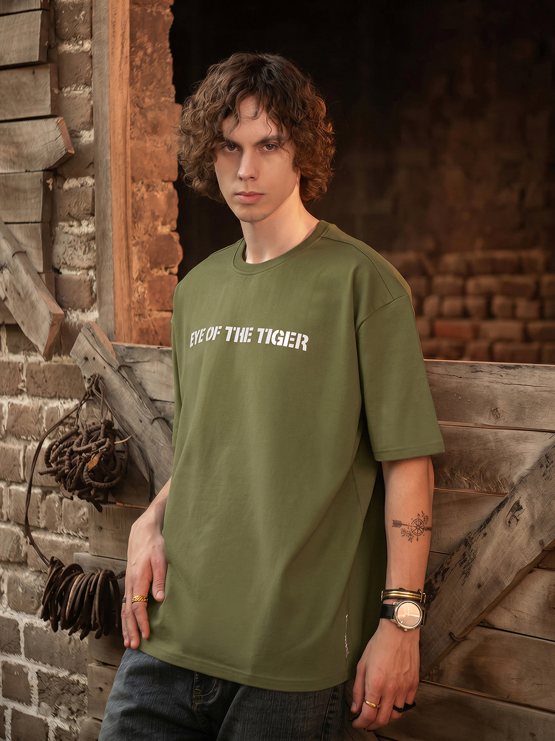 Rock Ballad Inspired Military Green Graphic Printed Oversized T-shirt