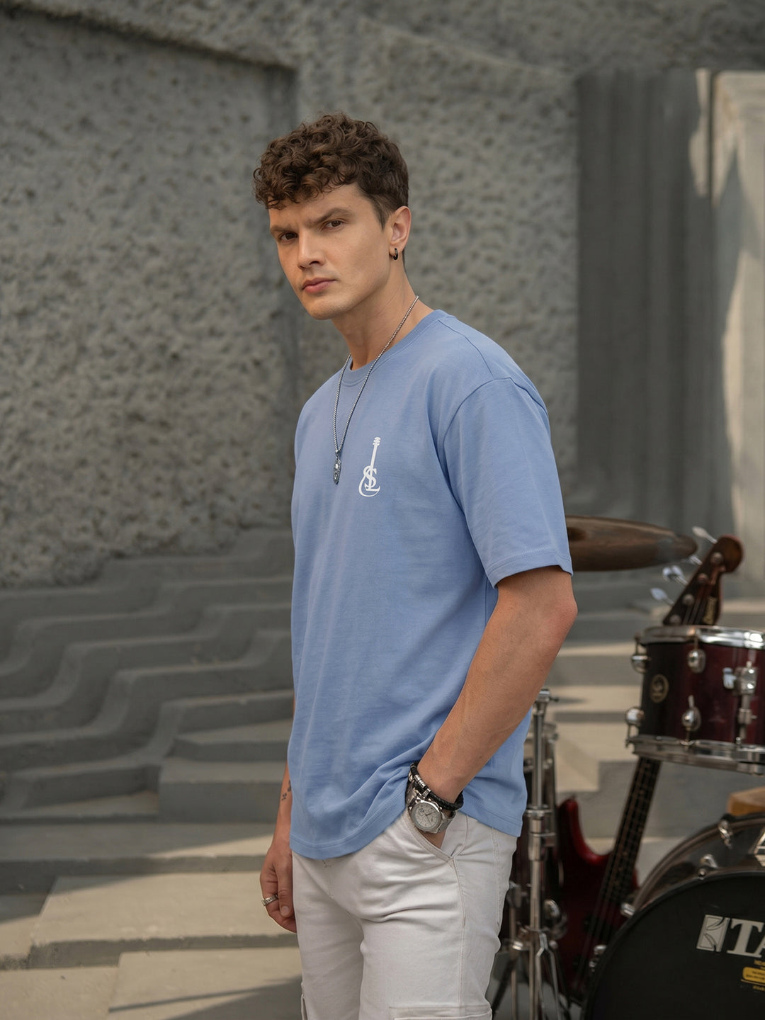Rock Ballad Inspired Blue Graphic Printed Oversized T-shirt