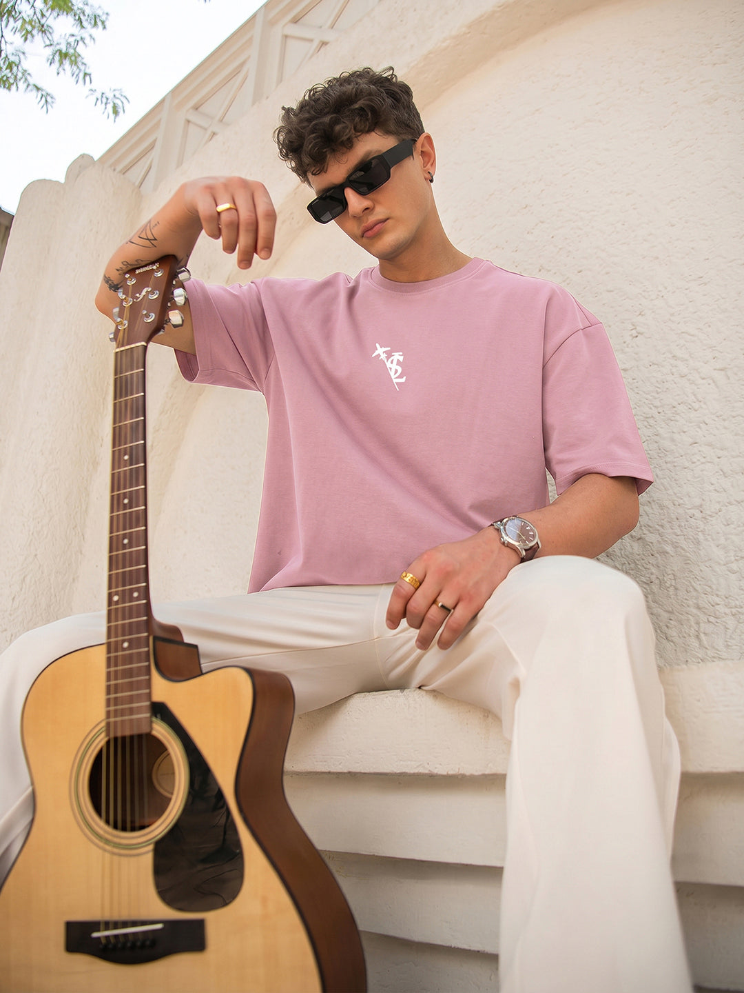 Rock Ballad Inspired Mauve Graphic Printed Oversized T-shirt
