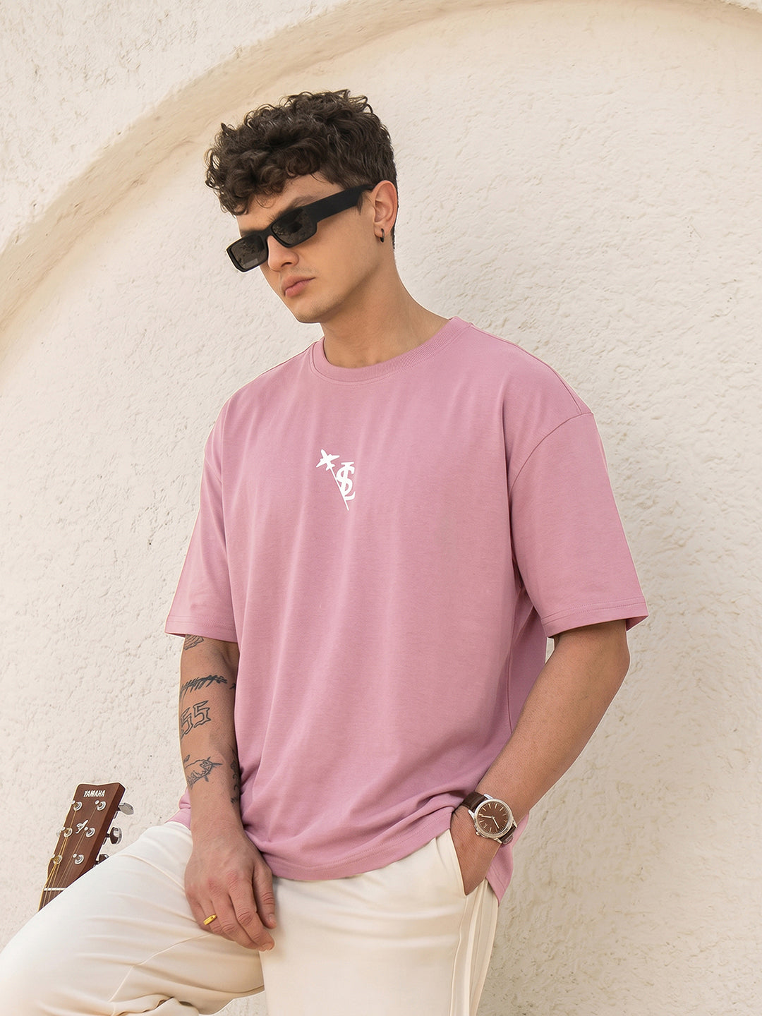 Rock Ballad Inspired Mauve Graphic Printed Oversized T-shirt