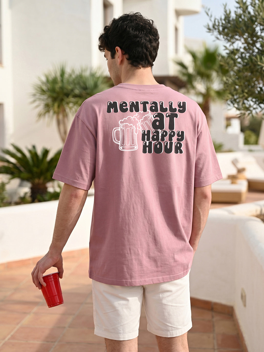 Mentally At Happy Hour Graphic Printed Mauve Oversized T-shirt