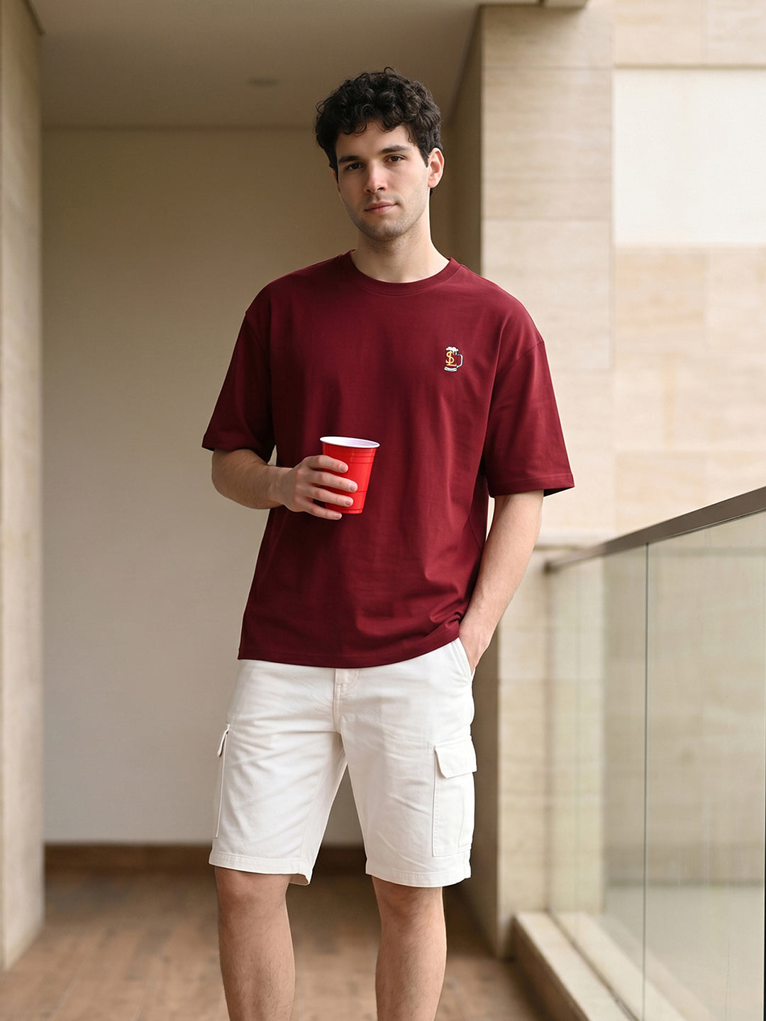 Mentally At Happy Hour Graphic Printed Red Oversized T-shirt