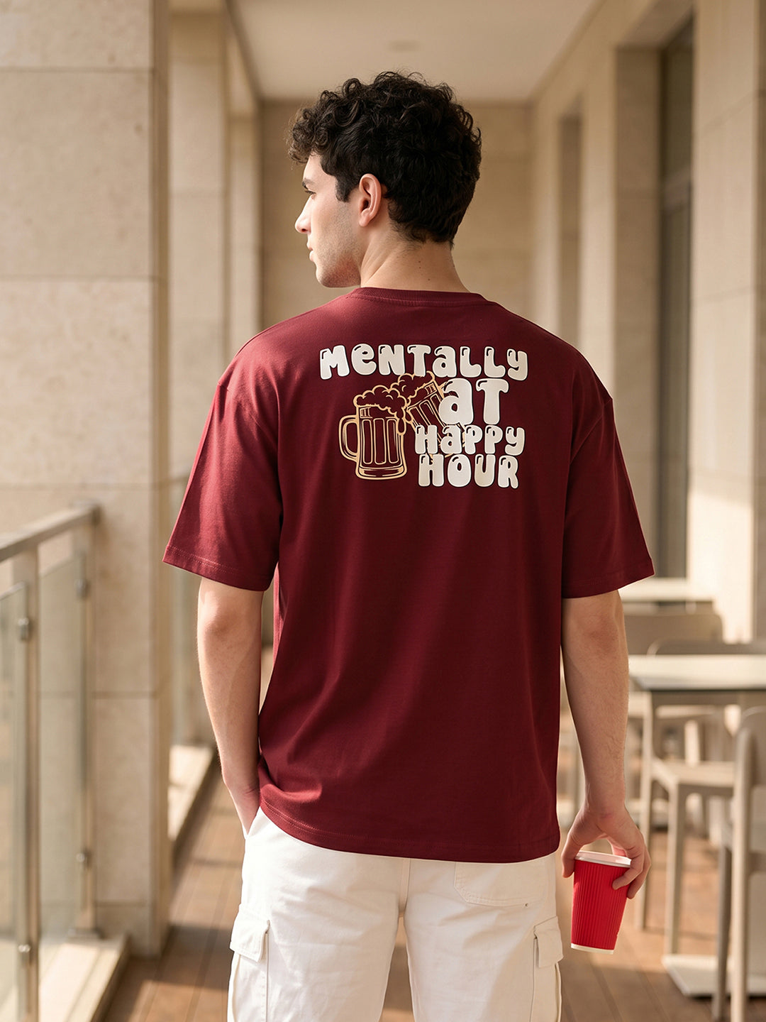 Mentally At Happy Hour Graphic Printed Red Oversized T-shirt