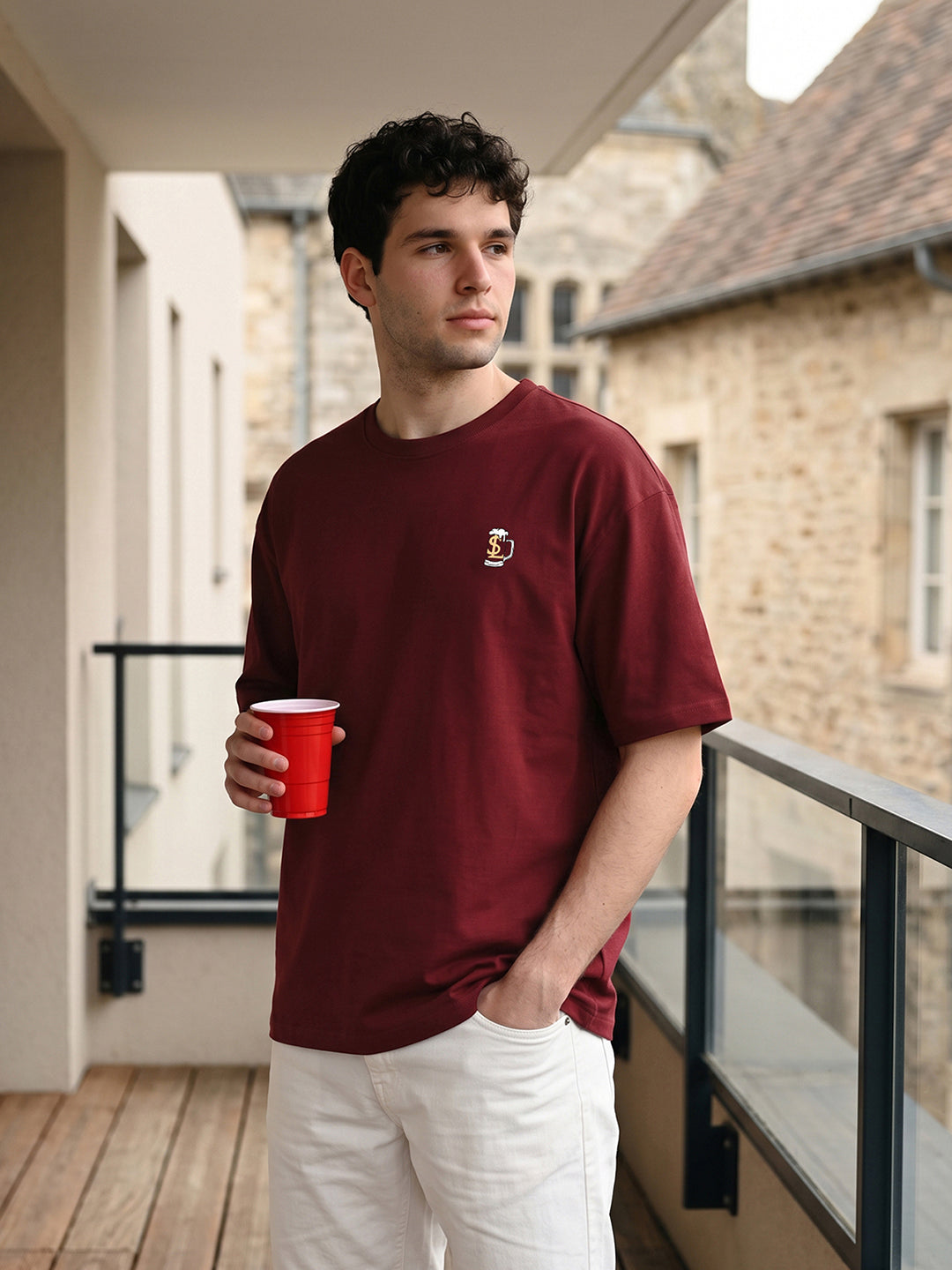 Mentally At Happy Hour Graphic Printed Red Oversized T-shirt