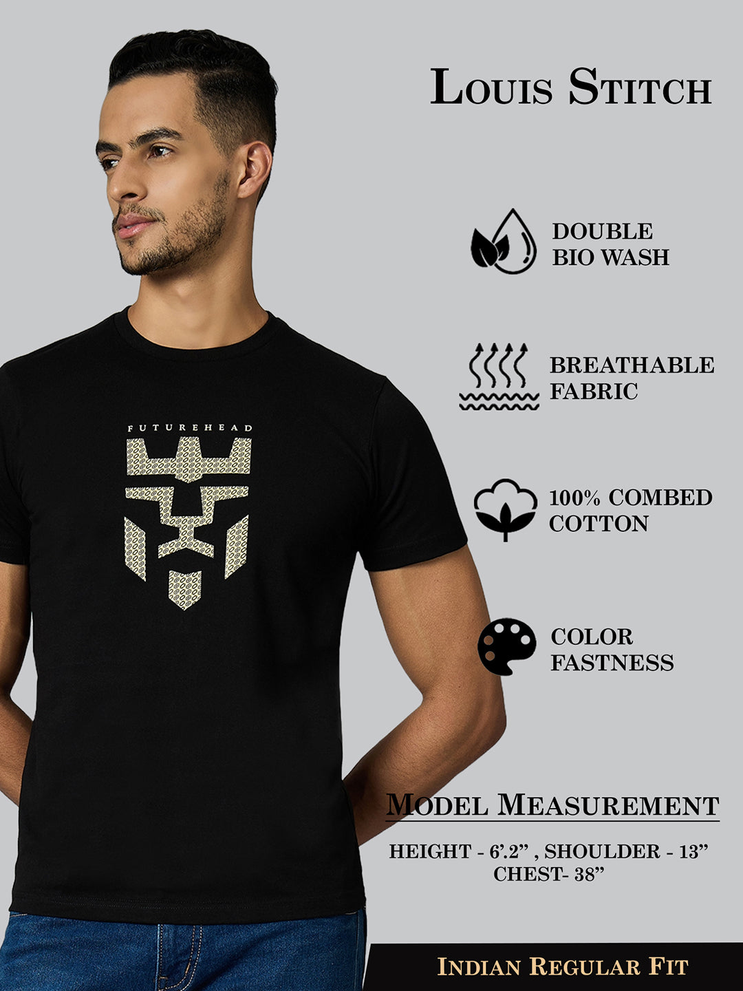 Men's Super Combed Cotton Black Regular Fit Half Sleeve Round Neck T-Shirt