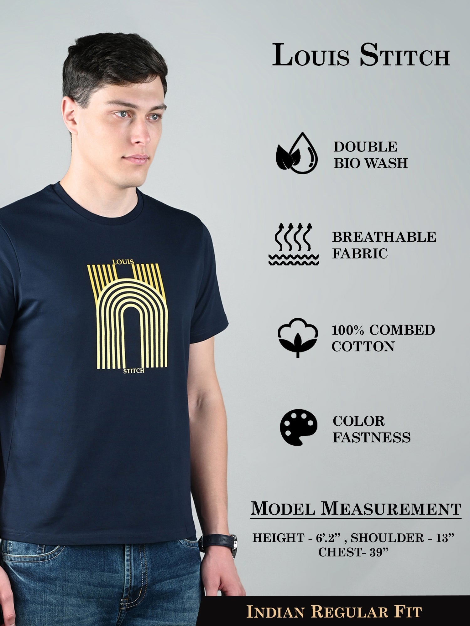 Men's Navy Blue Super Combed Cotton Printed T-shirt