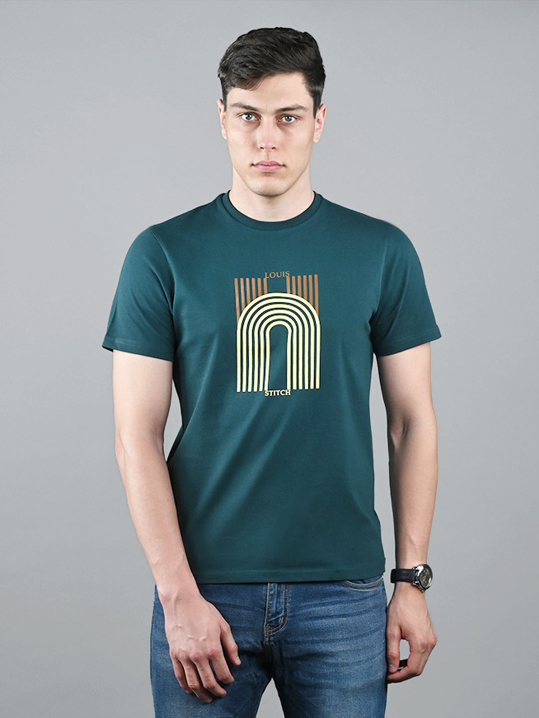Men's Teal Green Super Combed Cotton Printed T-shirt