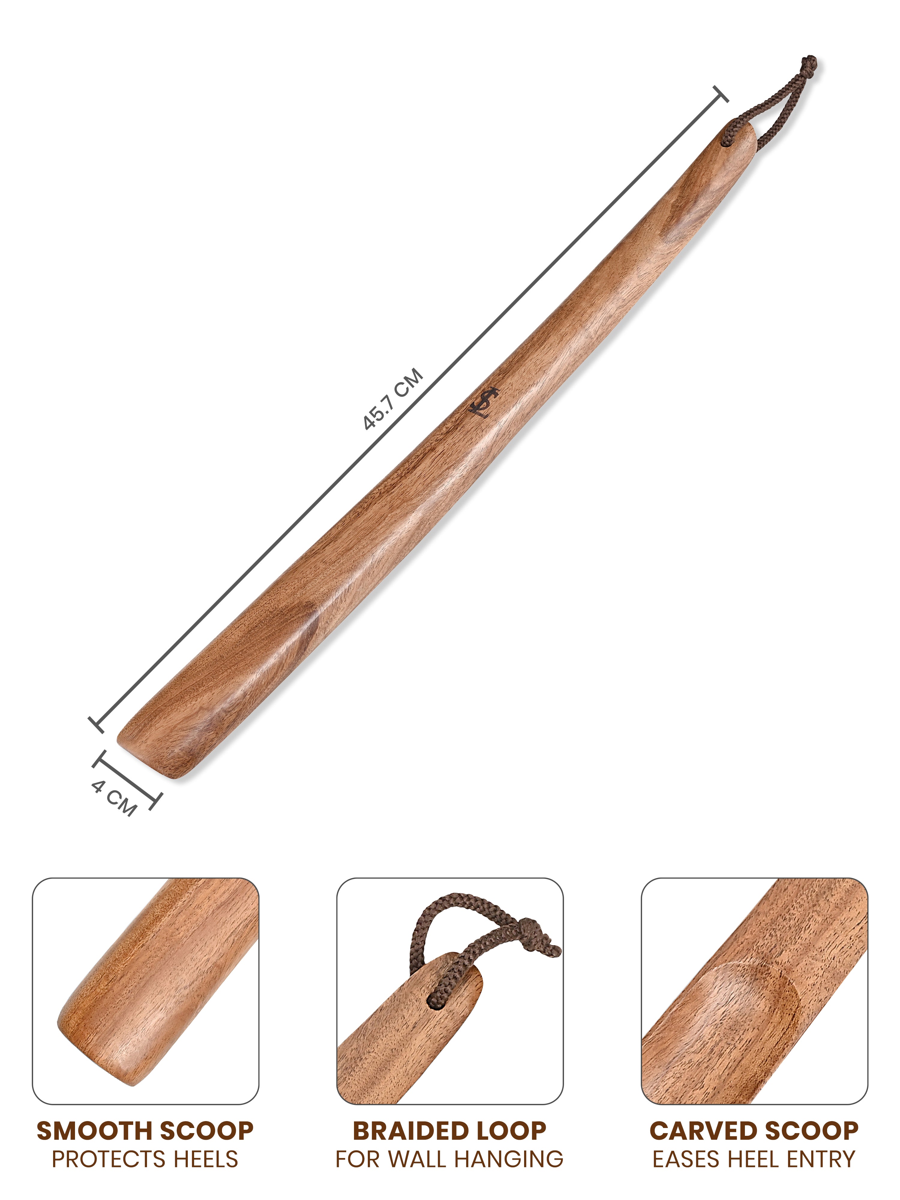 Premium 17-inch Natural Wooden Shoe Horn with Loop