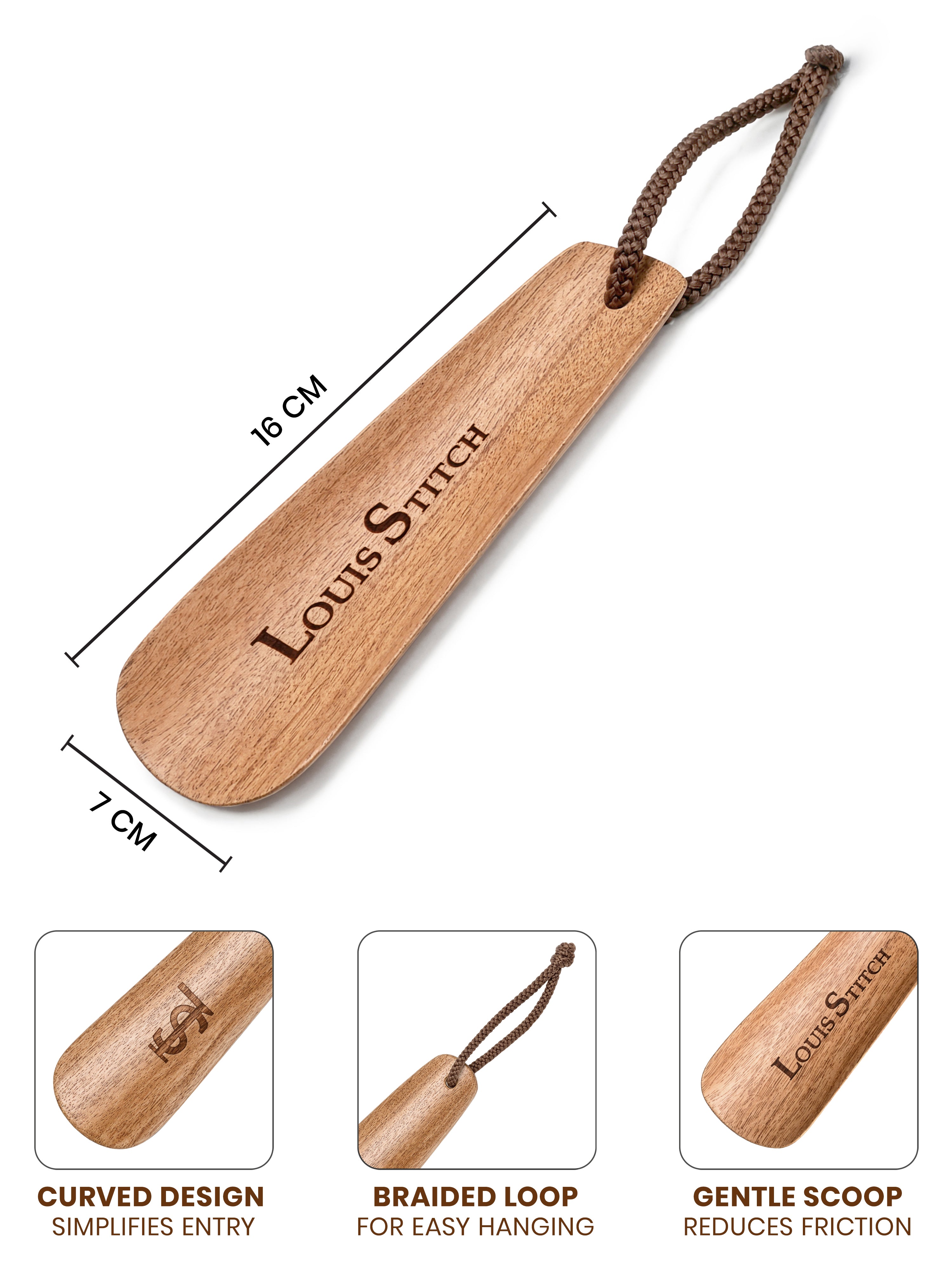 Premium 6-inch Natural Wooden Shoe Horn with Loop