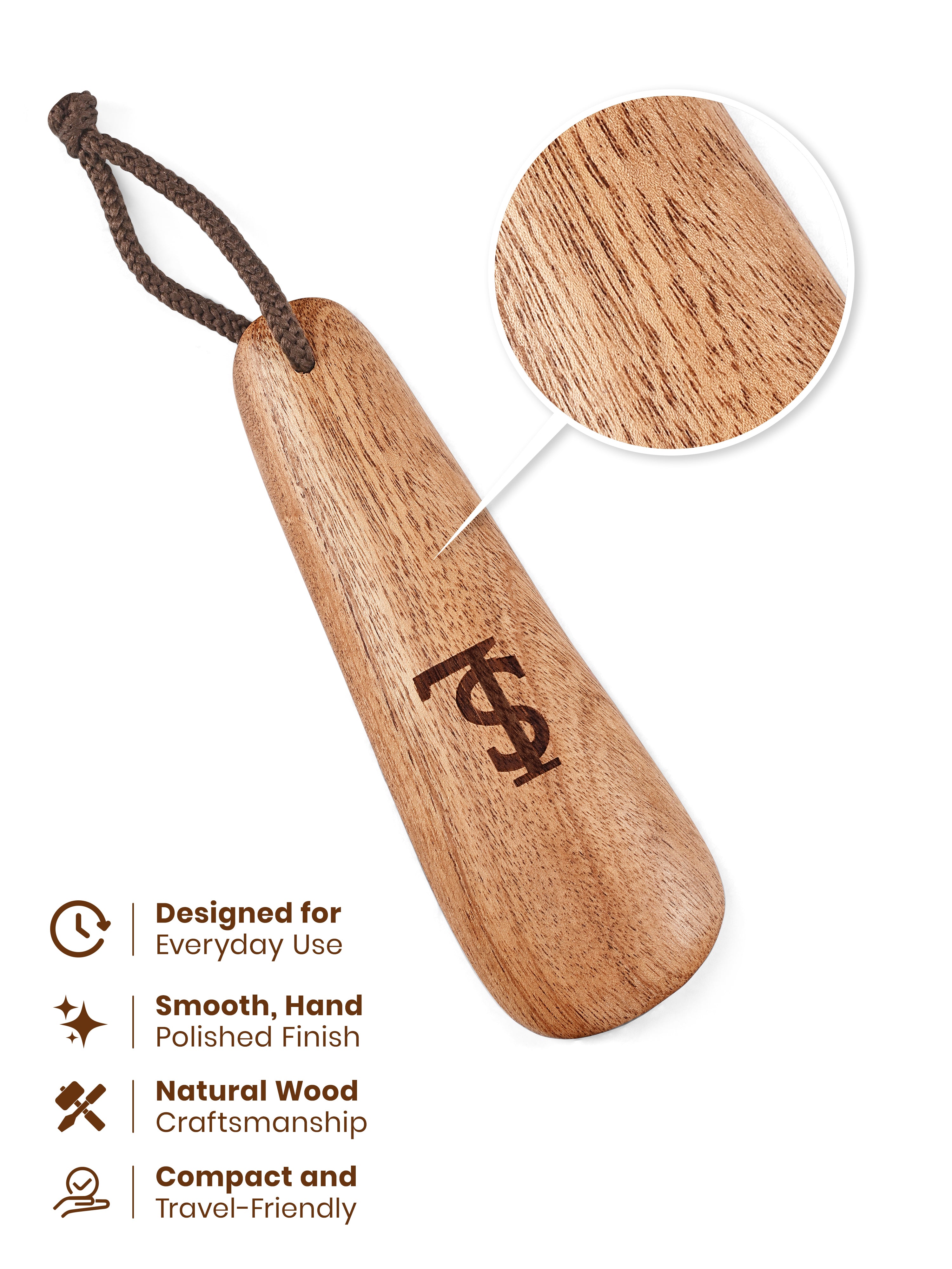 Premium 6-inch Natural Wooden Shoe Horn with Loop