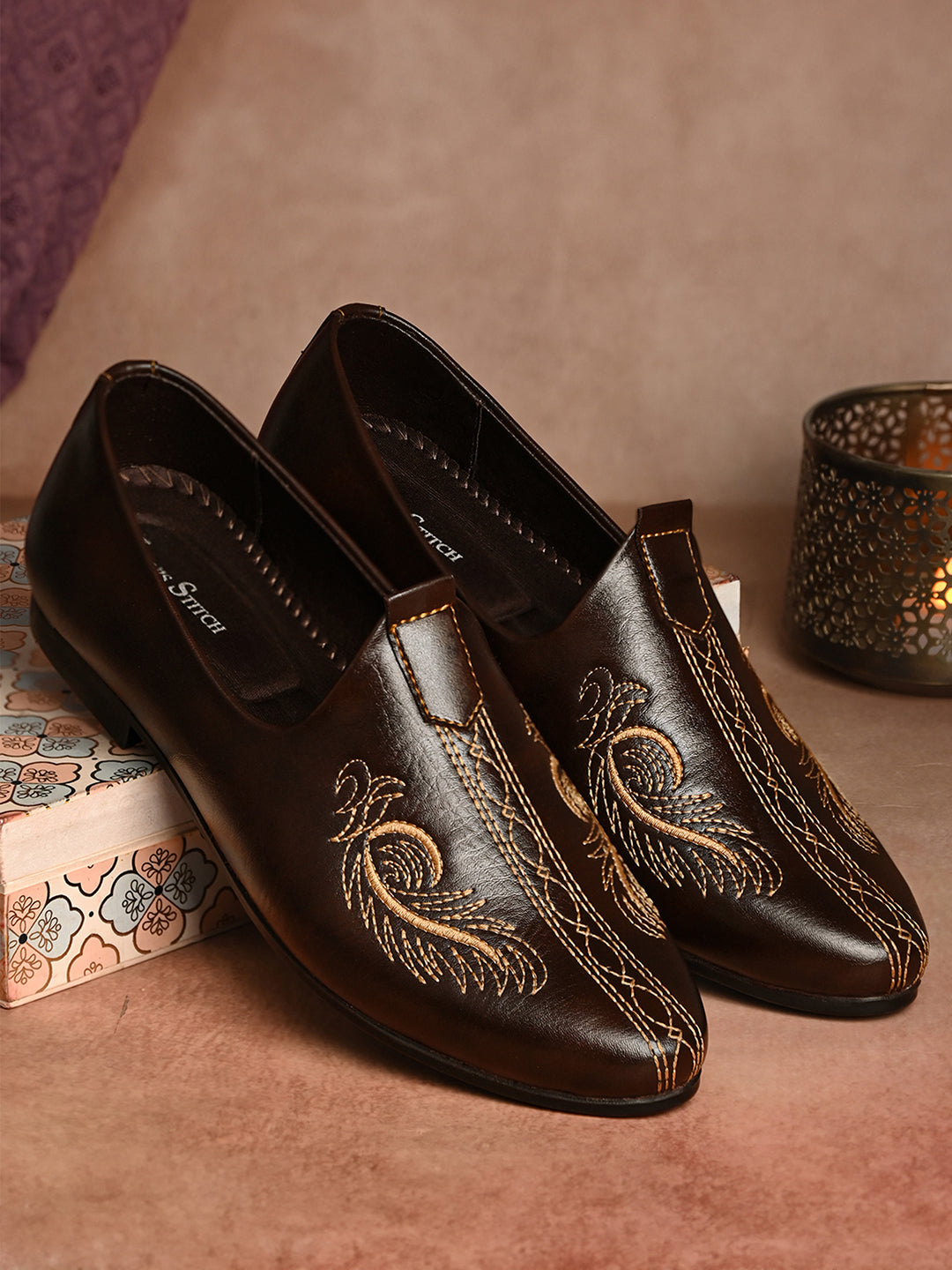 Brunette Brown Ethnic Slip-On Embroided Nagra Juti and Mojari