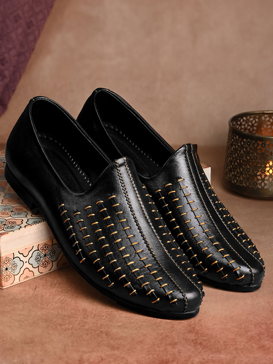Jet Black Ethnic Slip-On Multi-Strip Nagra Juti and Mojari