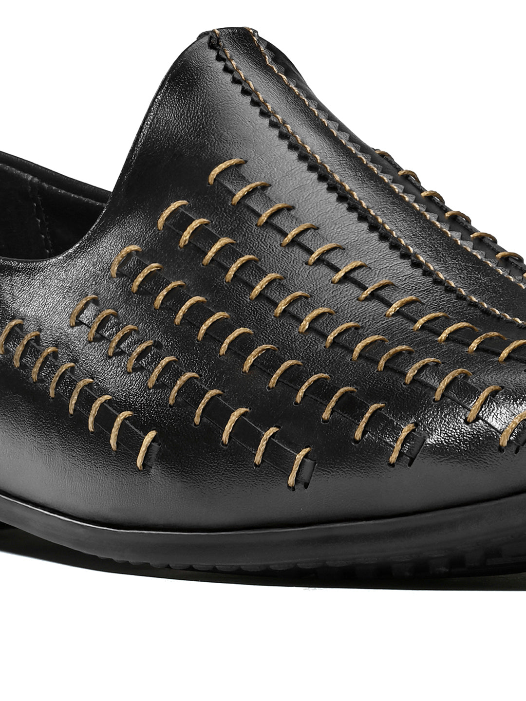 Jet Black Ethnic Slip-On Multi-Strip Nagra Juti and Mojari