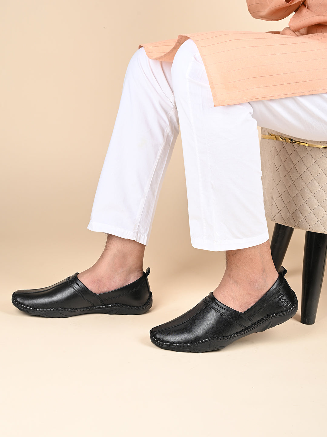 Jet Black Genuine Leather Ultra Lightweight Stylish Stich Nagra Jutis and Mojaris