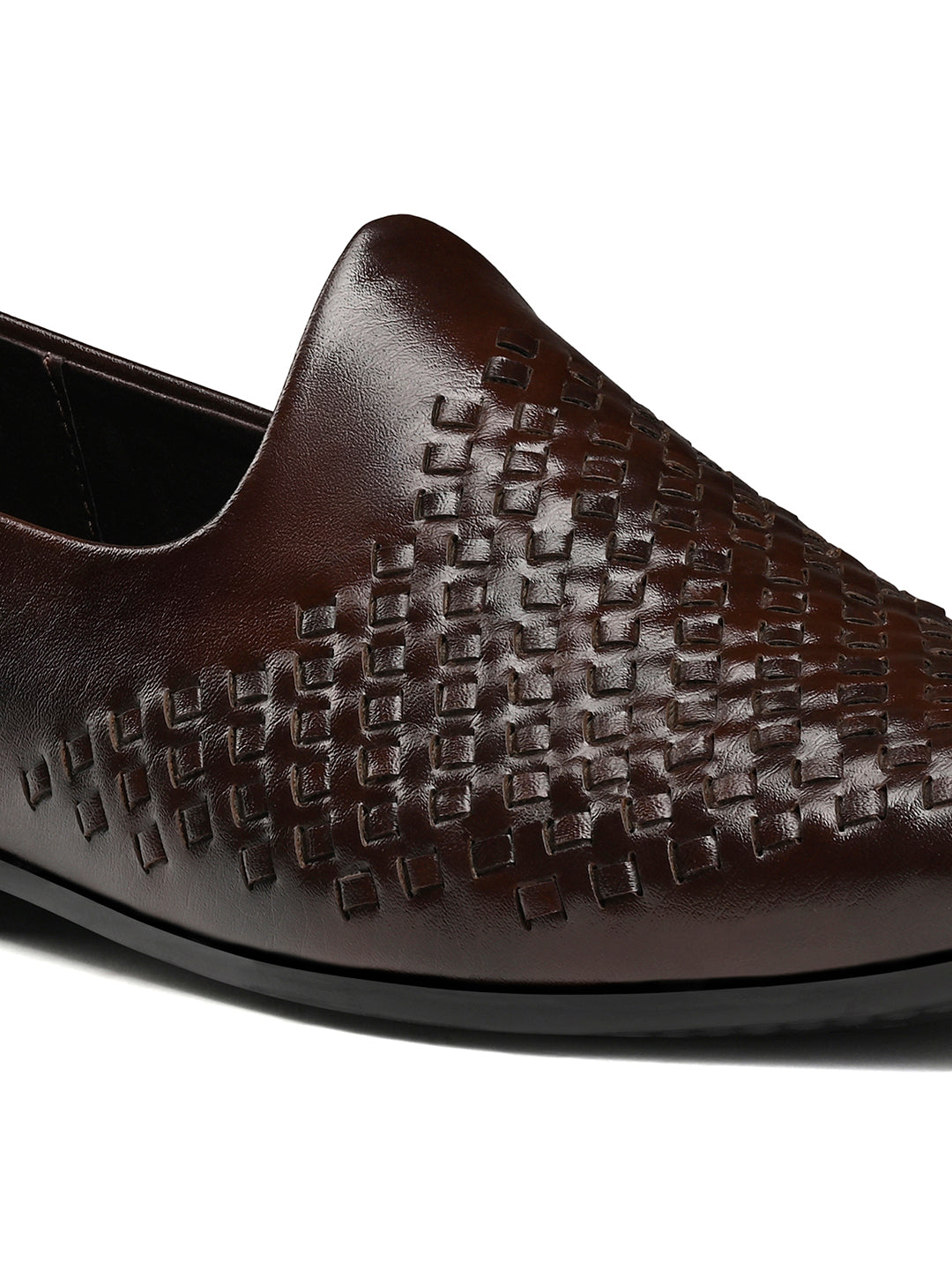 Brunette Brown Ethnic Slip-On Weaved Texture Nagra Juti and Mojari