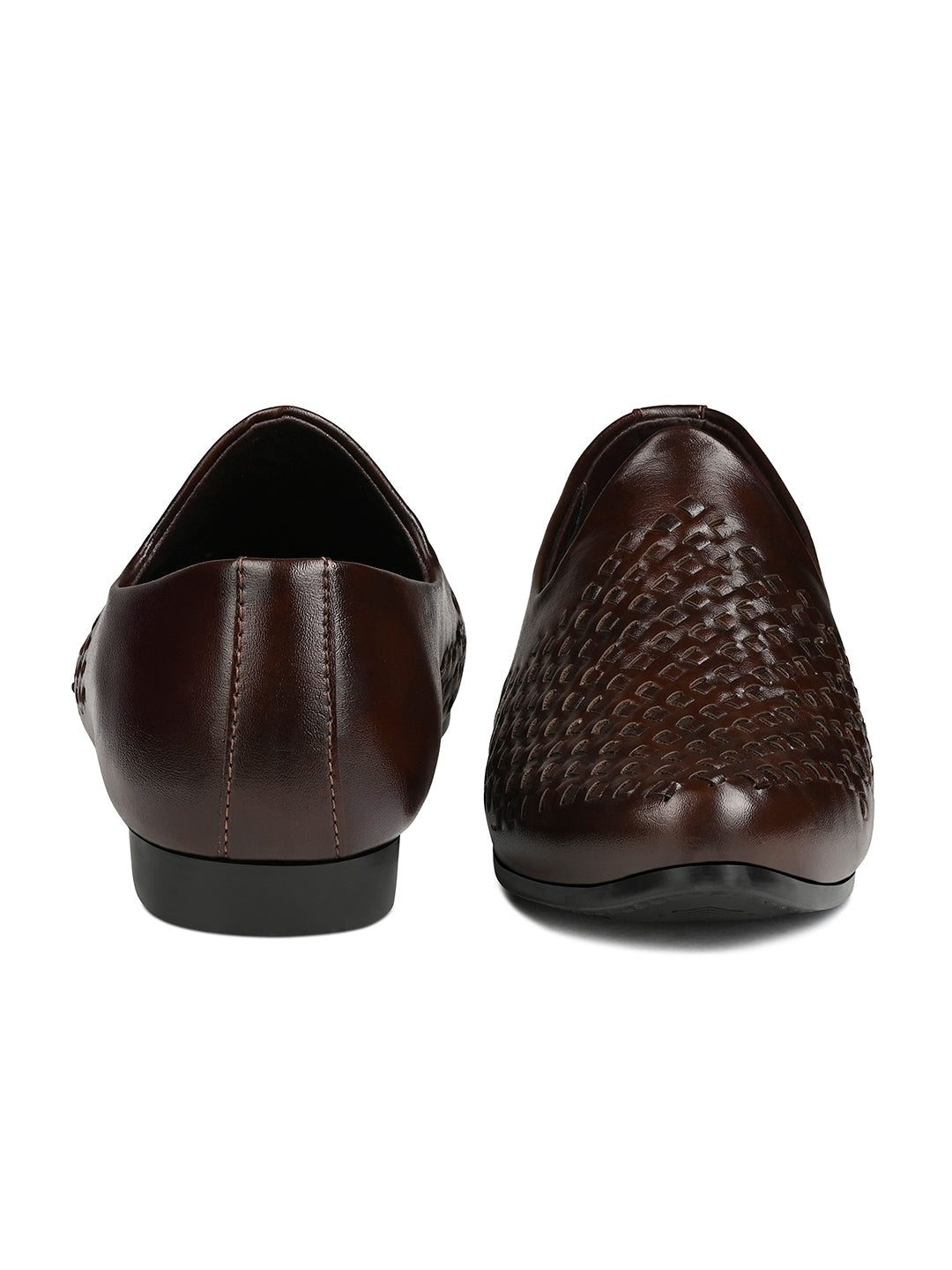 Brunette Brown Ethnic Slip-On Weaved Texture Nagra Juti and Mojari