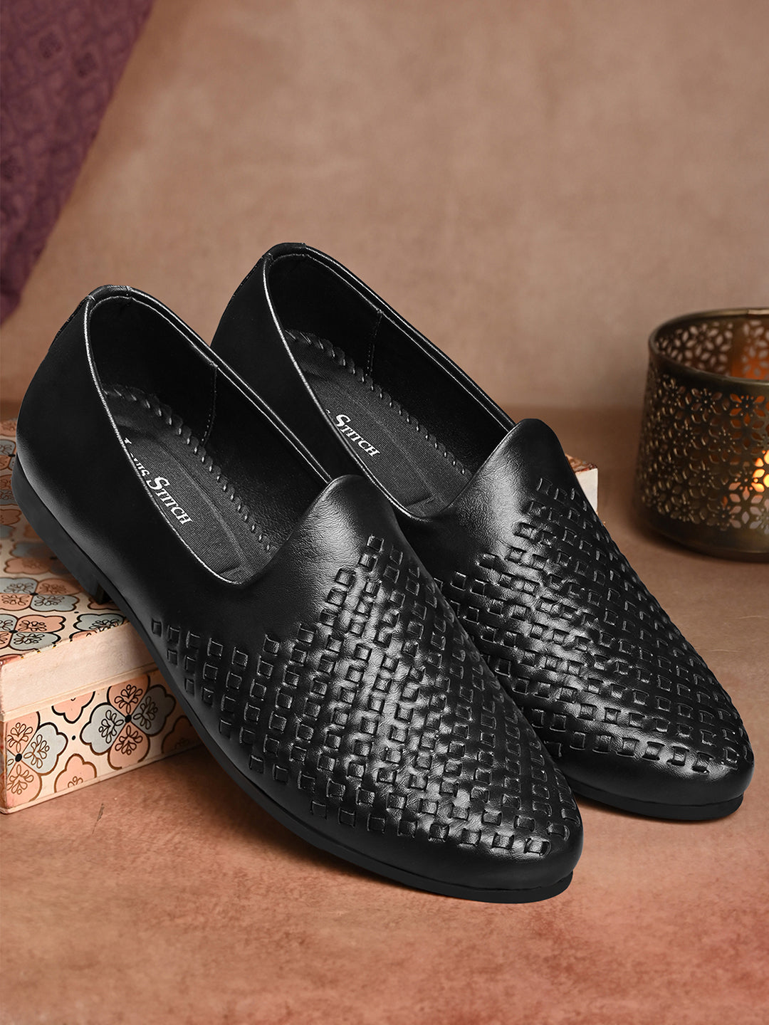 Jet Black Ethnic Slip-On Weaved Texture Nagra Juti and Mojari