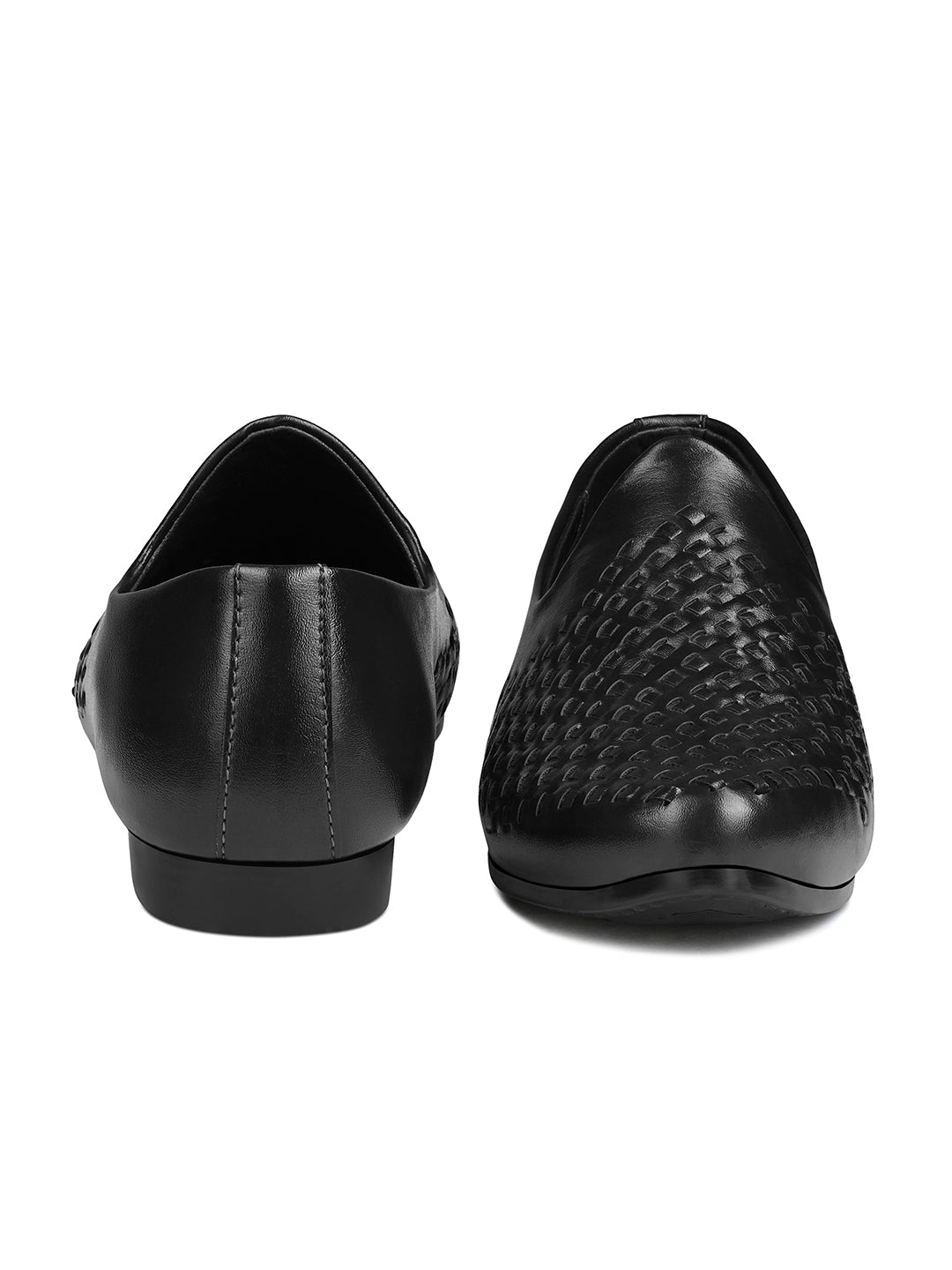 Jet Black Ethnic Slip-On Weaved Texture Nagra Juti and Mojari