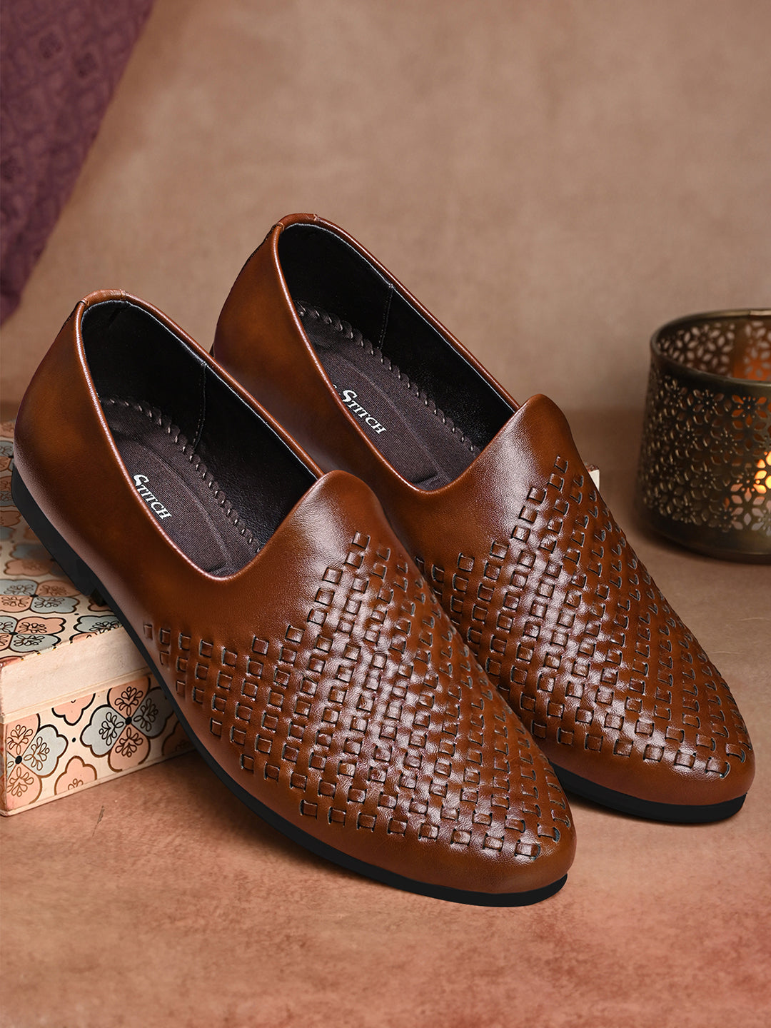 Russet Tan Ethnic Slip-On Weaved Texture Nagra Juti and Mojari